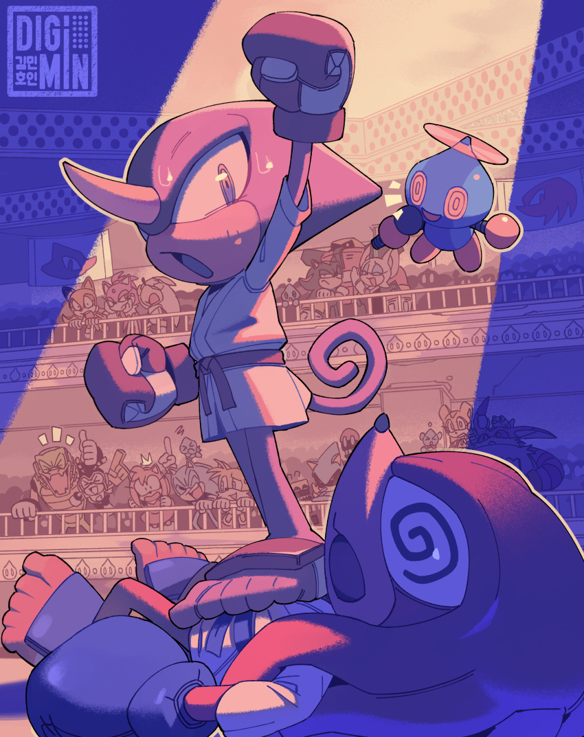 @_@, absurdres, amy_rose, artist_name, blaze_the_cat, boxing_gloves, chao_(sonic), charmy_bee