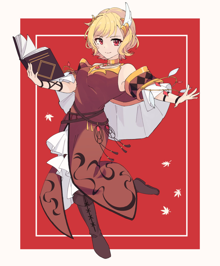 1girl, absurdres, blonde_hair, book, boots, citrinne_(fire_emblem), closed_mouth, dress