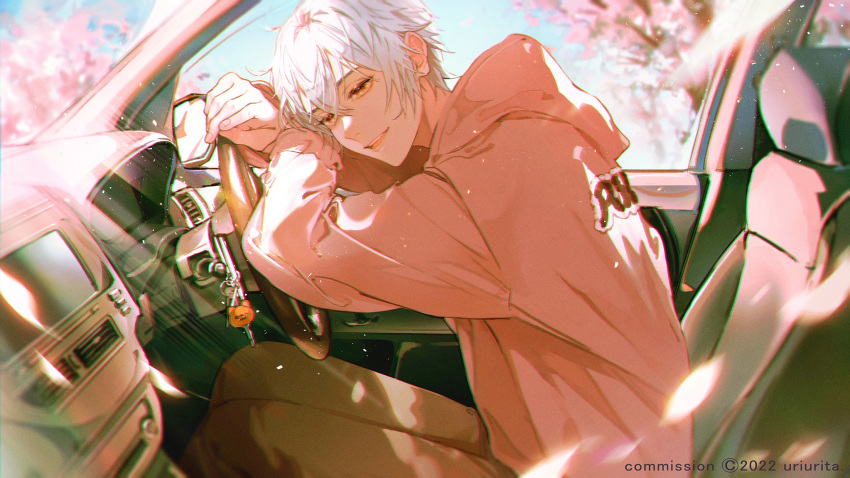 1boy, akatuki_ragu, brown_pants, car, car_interior, cherry_blossoms, commission, highres, hood, hood_down, hoodie, indie_virtual_youtuber, long_sleeves, looking_at_viewer, male_focus, motor_vehicle, open_mouth, pants, pink_hoodie, ponponpananda, short_hair, sitting, smile, solo, steering_wheel, teeth, virtual_youtuber, white_hair