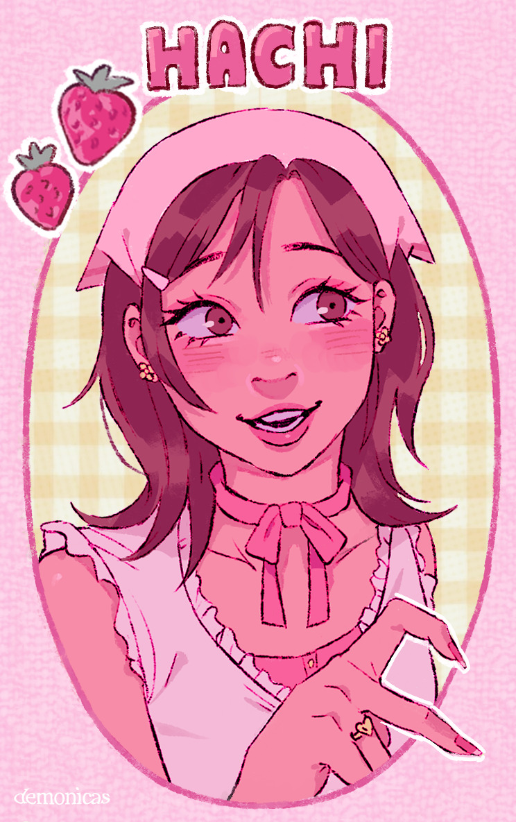 1girl, bandana, bare_shoulders, basstual, brown_eyes, brown_hair, earrings, food_print, hair_ornament, hairclip, jewelry, komatsu_nana, medium_hair, nail_polish, nana_(series), neck_ribbon, pink_bandana, pink_headwear, pink_nails, pink_ribbon, ribbon, ring, solo, strawberry_print