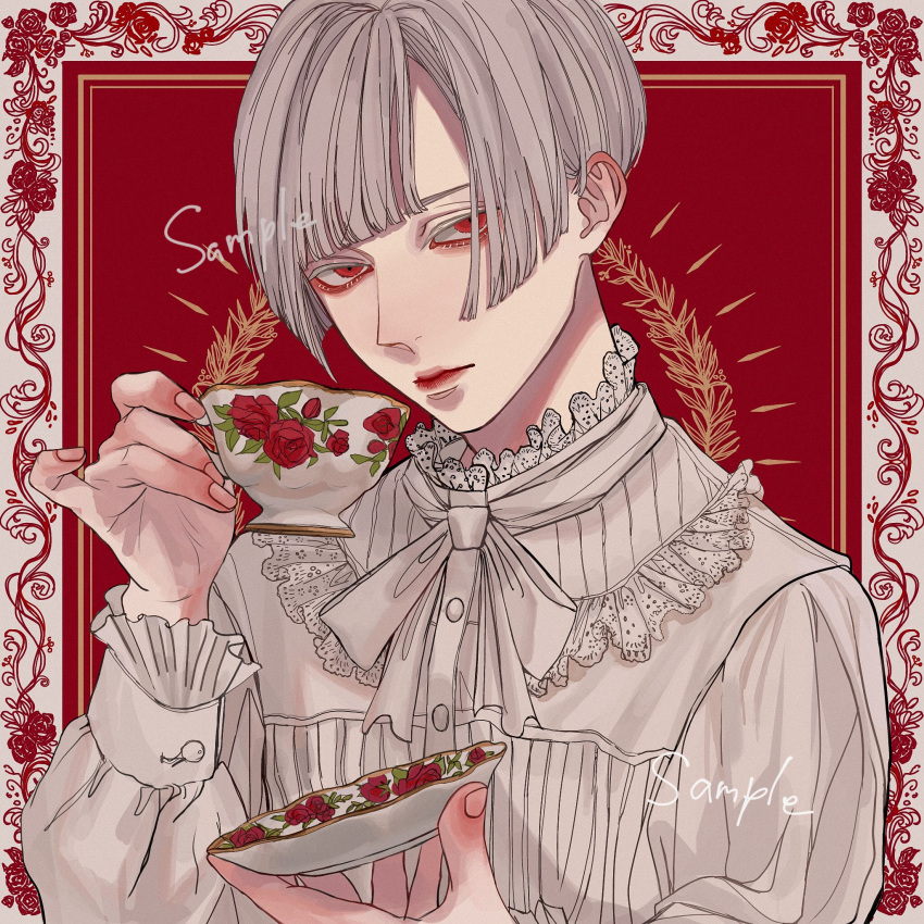 1boy, albino, bishounen, blunt_bangs, border, buttoned_cuffs, buttons, closed_mouth
