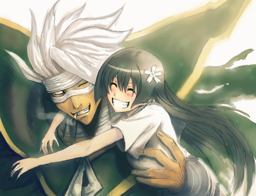 bandages, cigarette, crossover, drawfag, hug, monochrome, namesake, needless, saten_(needless), saten_ruiko, sketch, smoke, to_aru_kagaku_no_railgun, to_aru_majutsu_no_index