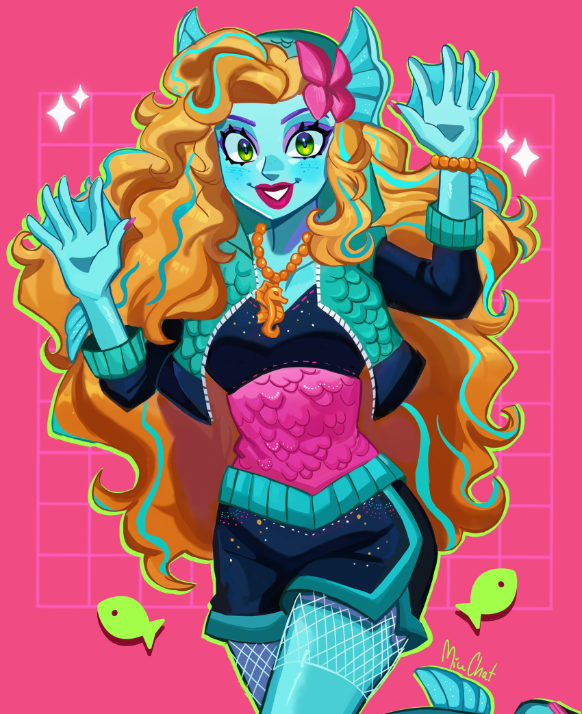 1girl, absurdres, blonde_hair, blue_hair, blue_skin, bracelet, colored_skin, eyeshadow, fins, fishnets, flower, hair_flower, hair_ornament, head_fins, highres, jacket, jewelry, lagoona_blue, long_hair, looking_at_viewer, makeup, miuchat_cat, monster_girl, monster_high, multicolored_hair, purple_eyeshadow, shorts, smile, streaked_hair, very_long_hair, webbed_hands