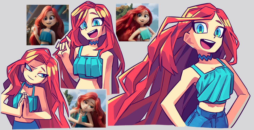 1girl, blue_eyes, chelsea_(ruby_gillman), grey_background, hands_on_own_hips, highres, hornx3_jk, long_hair