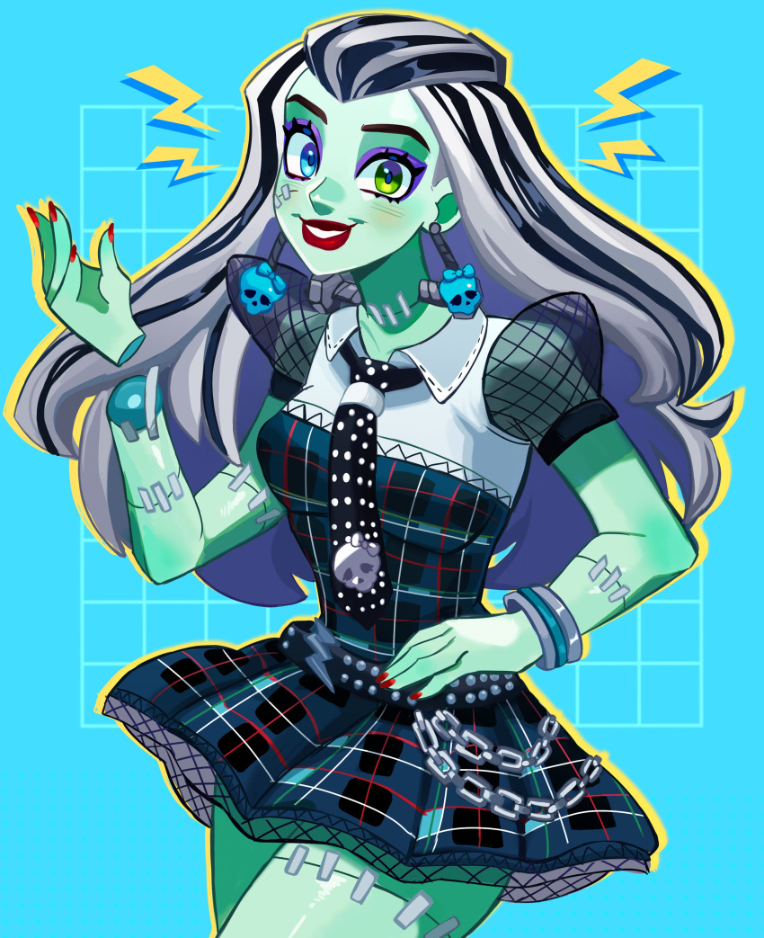 1girl, absurdres, black_hair, blue_eyes, bracelet, colored_skin, disembodied_limb, dress, eyeshadow, frankie_stein, green_eyes, green_skin, hand_on_own_hip, heterochromia, highres, jewelry, long_hair, makeup, miuchat_cat, monster_girl, monster_high, multicolored_hair, plaid, plaid_dress, purple_eyeshadow, red_nails, shirt, solo, stitched_arm, stitched_leg, stitched_neck, stitches, streaked_hair, white_hair, white_shirt