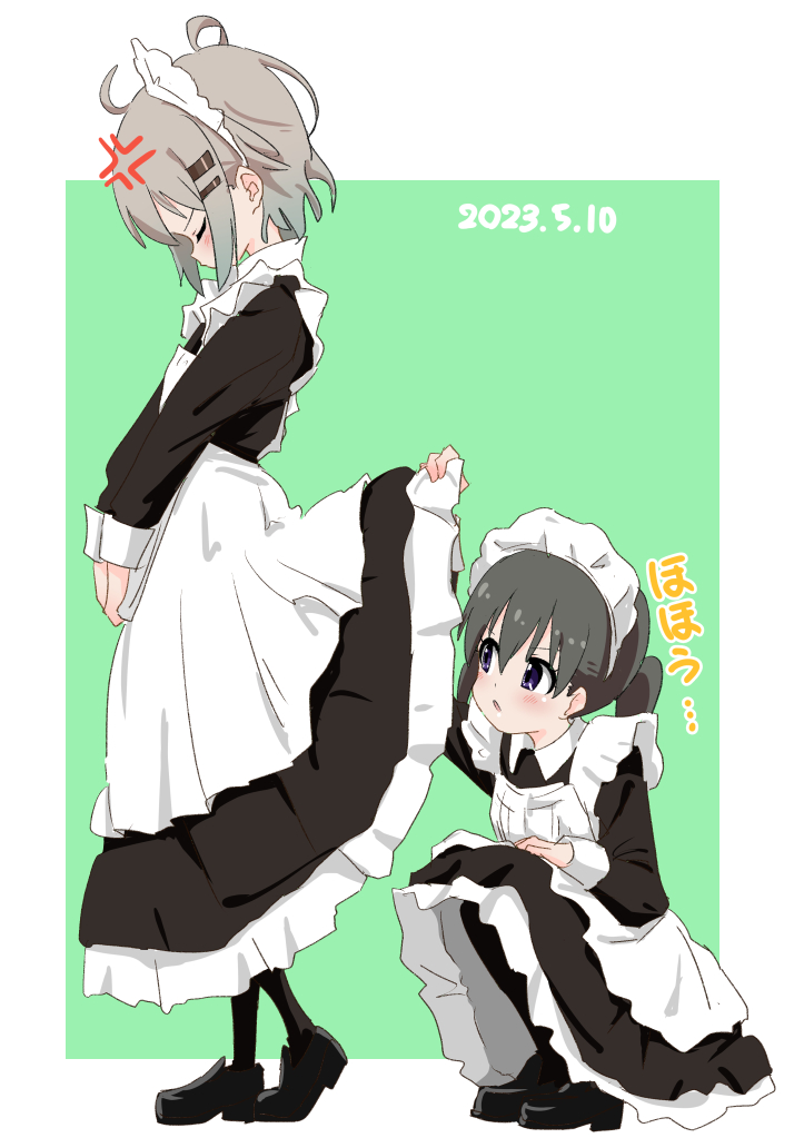 2girls, alternate_costume, annoyed, black_hair, black_pantyhose, blush, closed_eyes, clothes_lift, dated, dress_lift, grey_hair, hair_ornament, hairclip, kuraue_hinata, lifted_by_another, maid, maid_headdress, multiple_girls, open_mouth, pantyhose, peeking, ryuuma_(norinori_taruto), skirt_lift, squatting, standing, violet_eyes, yama_no_susume, yukimura_aoi