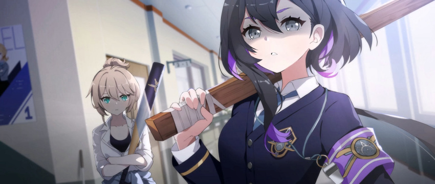 2girls, artist_request, baseball_bat, black_hair, black_jacket, blue_eyes, claire_(eversoul), claire_(no-hitter)_(eversoul)