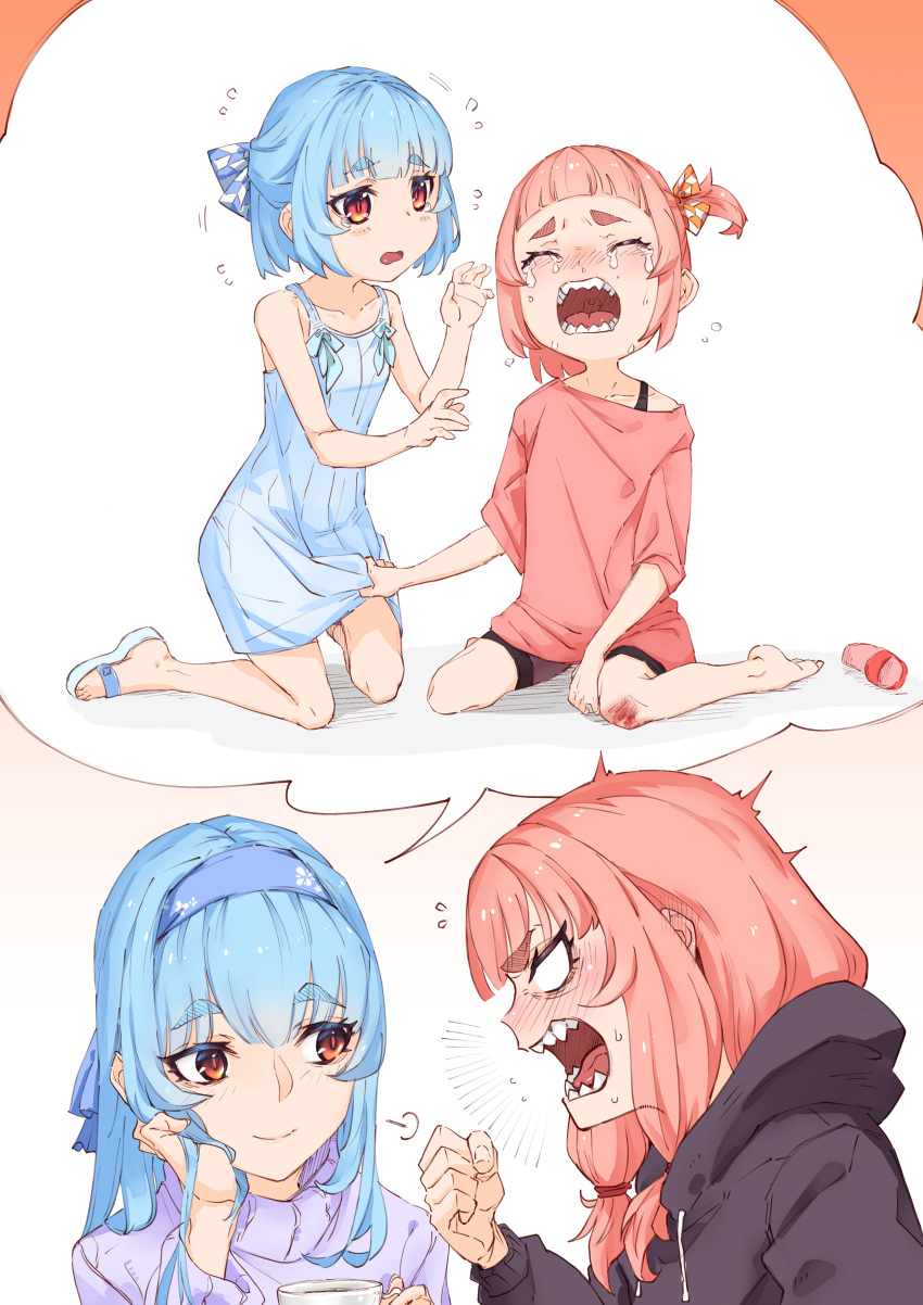 2girls, =3, absurdres, aged_down, bike_shorts, black_hoodie, blank_eyes, blue_hairband