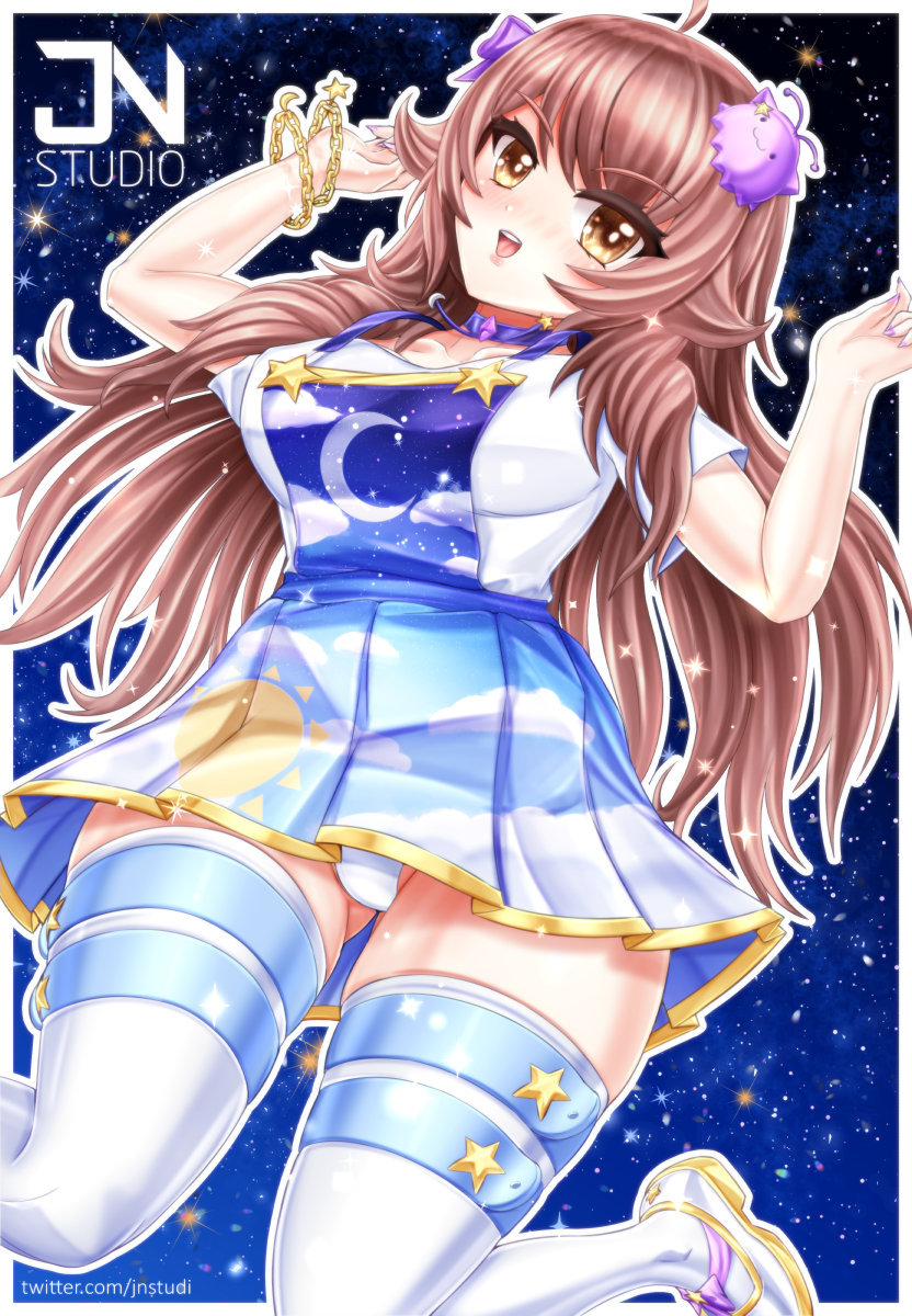 1girl, blob, bow, brown_eyes, brown_hair, centi_(nimu), choker, dress, gradient_dress, hair_bow, highres, indie_virtual_youtuber, jnstudio, long_hair, nimu_(vtuber), off-shoulder_shirt, off_shoulder, paid_reward_available, shirt, solo, thigh-highs, virtual_youtuber, white_thighhighs