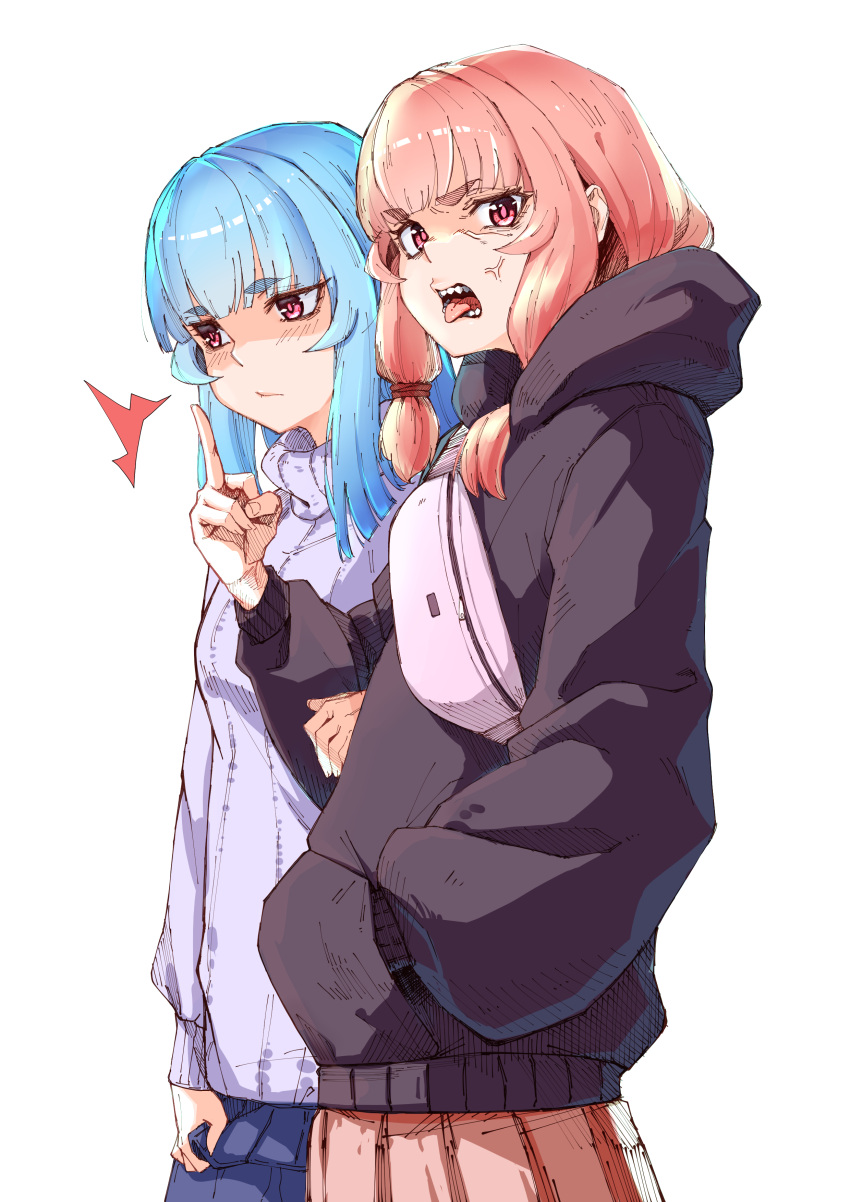 2girls, absurdres, anger_vein, bag, black_hoodie, blue_hair, blue_skirt, blush