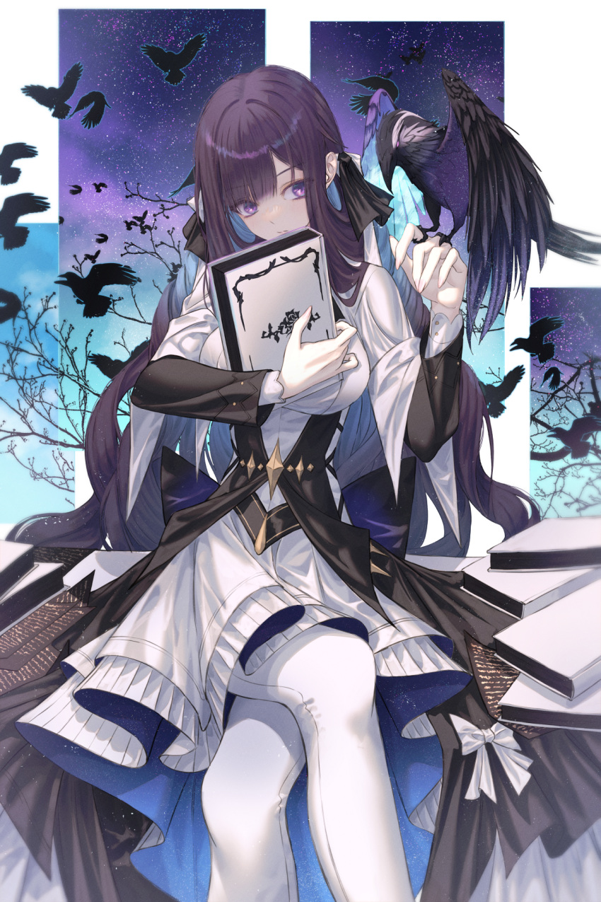 1girl, animal_on_hand, bird, black_jacket, blunt_bangs, book, crossed_legs, crow