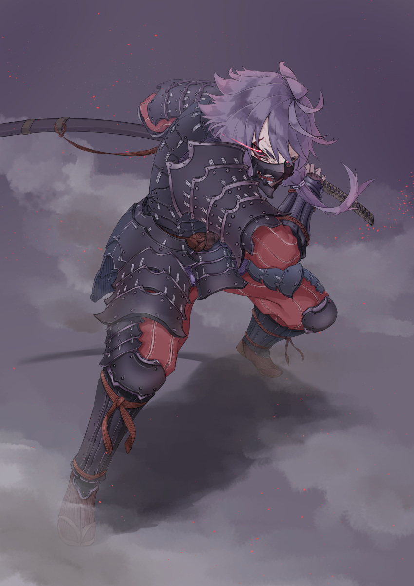 1girl, absurdres, alternate_costume, armor, battoujutsu_stance, black_eyes, commentary_request, crazy_smile