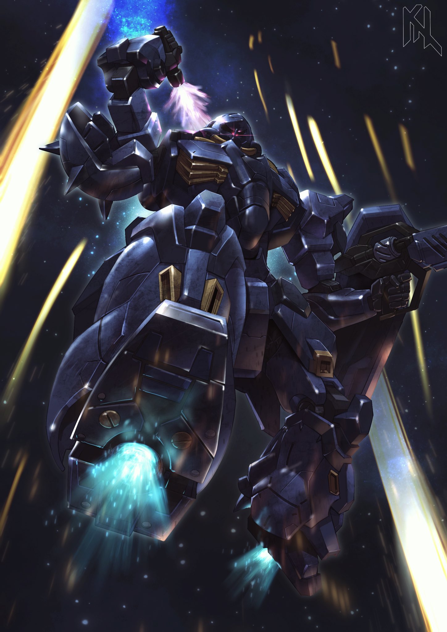 artist_logo, beam_rifle, beam_saber, commentary, commission, dual_wielding, energy_gun, english_commentary