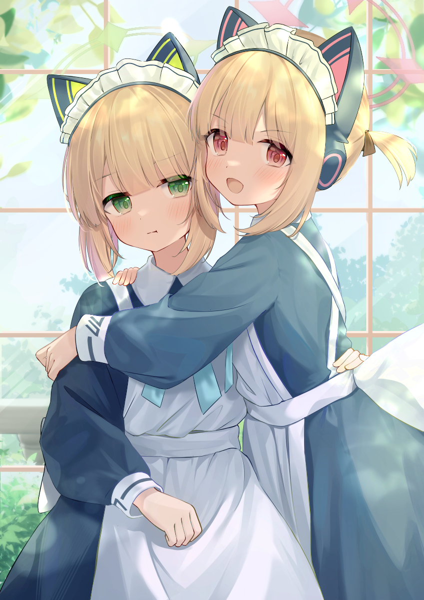 2girls, alternate_costume, animal_ear_headphones, animal_ears, apron, aqua_ribbon, black_dress, blonde_hair