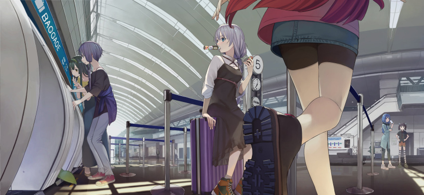 6+girls, absurdres, airport, bare_shoulders, bike_shorts, black_dress, black_pants, black_shirt