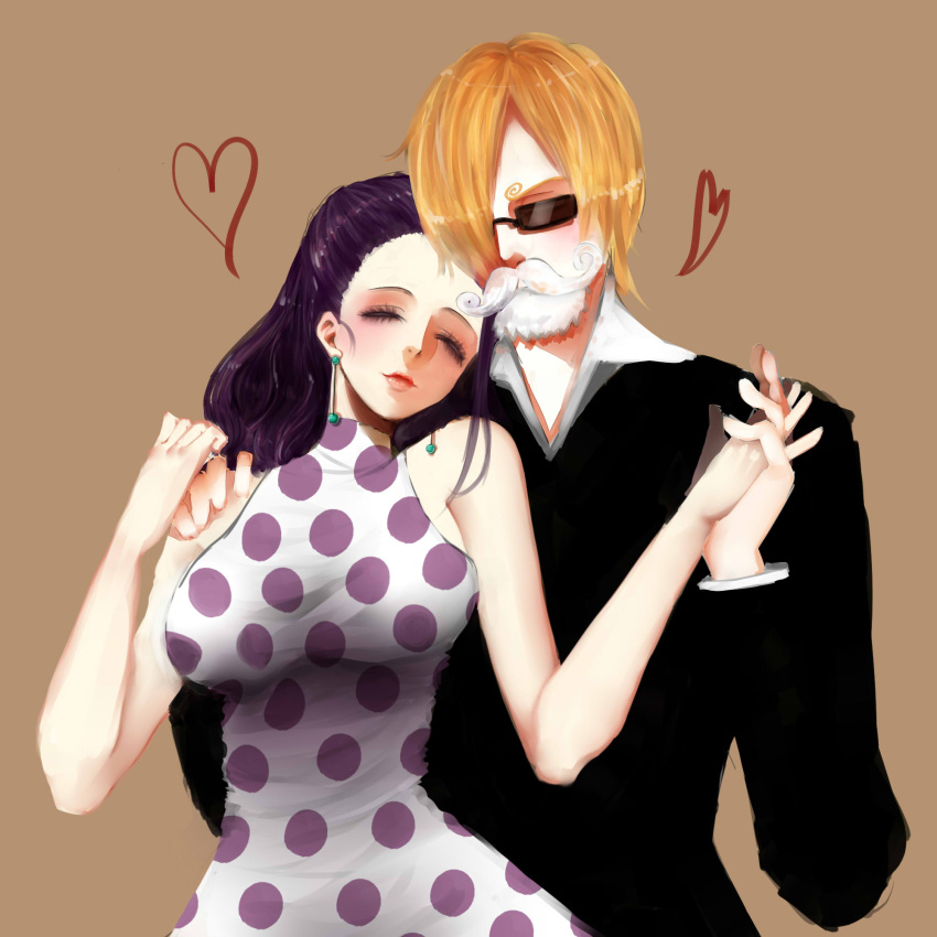 1boy, 1girl, 8chinchin, asymmetrical_bangs, bare_shoulders, black_hair, blonde_hair, blush, closed_eyes, closed_mouth, commentary, curly_eyebrows, dress, earrings, facial_hair, fake_facial_hair, fake_mustache, formal, hair_over_one_eye, heart, highres, holding_hands, jewelry, long_hair, one_piece, parted_bangs, polka_dot, ring, sanji_(one_piece), short_hair, suit, sunglasses, viola_(one_piece)