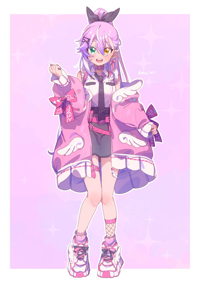 1girl, :d, arm_at_side, belt_choker, black_bow, black_necktie, blush, border, bow, breast_pocket, choker, cross-laced_clothes, cross-laced_footwear, cross-laced_sleeves, dot_nose, ear_piercing, earrings, fishnet_socks, fishnets, full_body, green_eyes, grey_skirt, hair_bow, hand_up, heart, heart_choker, heterochromia, high_ponytail, highres, jacket, jewelry, knees_together_feet_apart, leg_belt, long_sleeves, miniskirt, multicolored_hair, necktie, off_shoulder, open_collar, open_mouth, original, outline, paru_rari, piercing, pink_background, pink_choker, pink_hair, pink_jacket, pink_socks, pocket, serizane-chan_(paru_rari), shirt, shoes, short_sleeves, simple_background, single_sidelock, skirt, smile, sneakers, socks, solo, sparkle, standing, streaked_hair, teeth, thigh_gap, twitter_username, upper_teeth_only, white_border, white_footwear, white_outline, white_shirt, wing_print, yellow_eyes