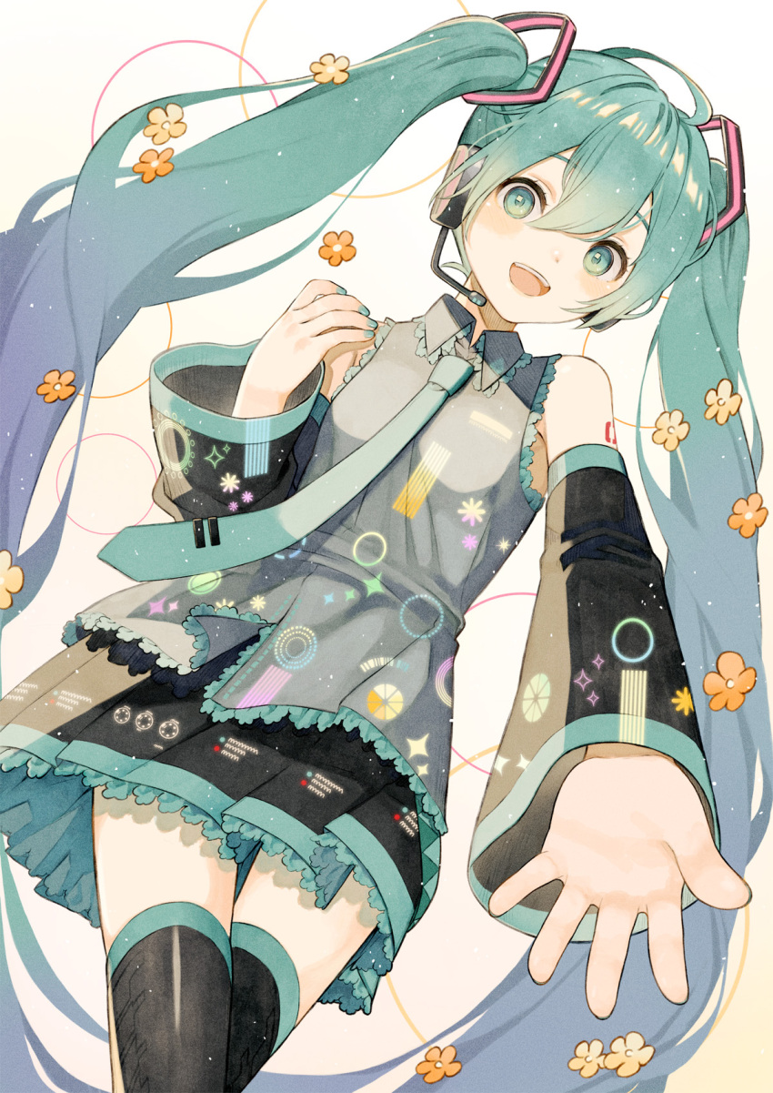 1girl, aqua_eyes, aqua_hair, aqua_nails, aqua_necktie, bare_shoulders, black_skirt, black_sleeves