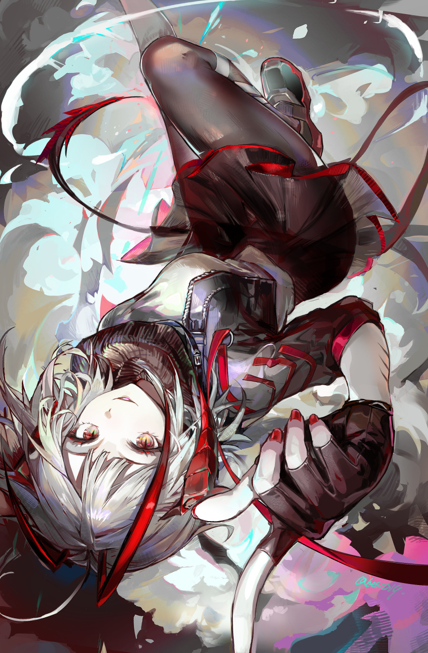 1girl, absurdres, antennae, arknights, black_gloves, black_jacket, black_pantyhose, black_skirt