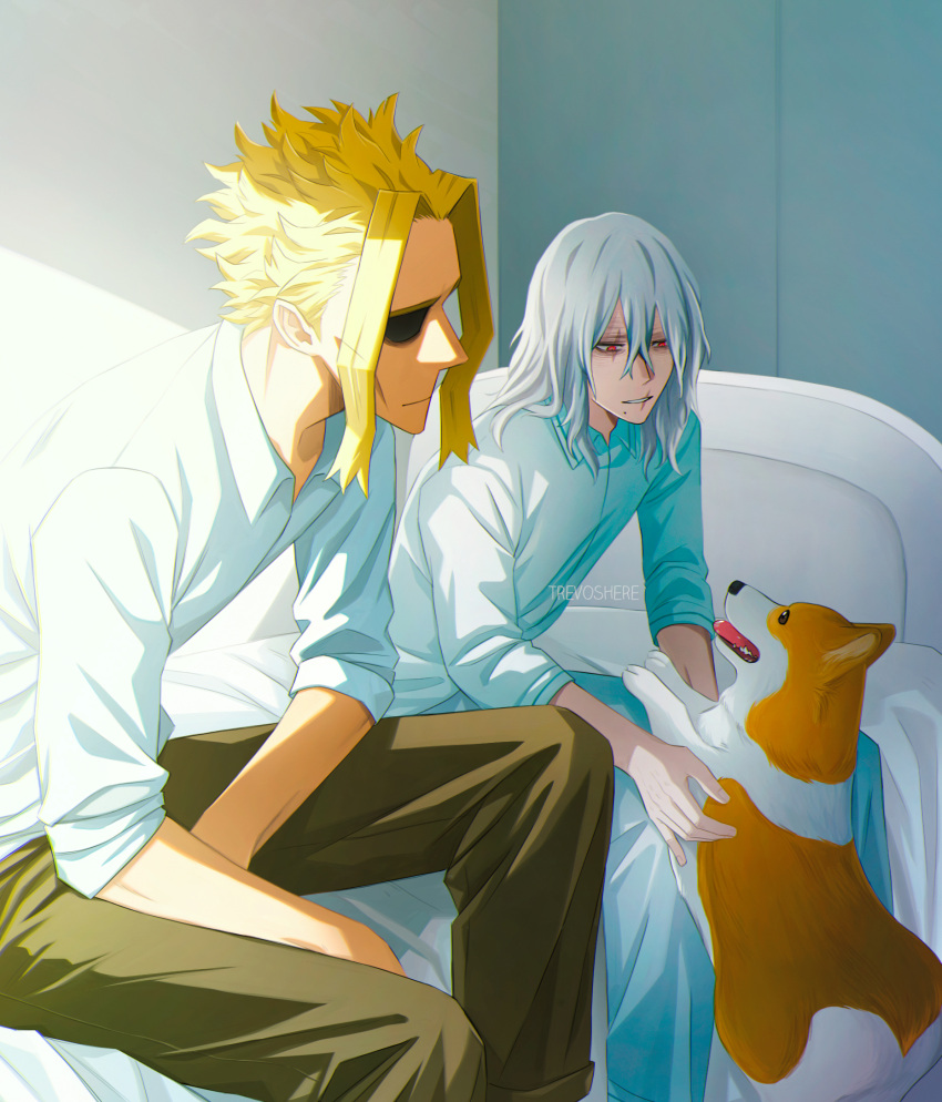 2boys, alternate_costume, animal, artist_name, bed, brown_pants, closed_mouth, dog, feet_out_of_frame, grey_hair, half-closed_eyes, highres, indoors, light_smile, lon_hair, long_sleeves, multiple_boys, pants, red_eyes, scar, scar_across_eye, scar_on_face, scar_on_mouth, shigaraki_tomura, shirt, sitting, tongue, tongue_out, trevo_(trevoshere), white_shirt, yagi_toshinori