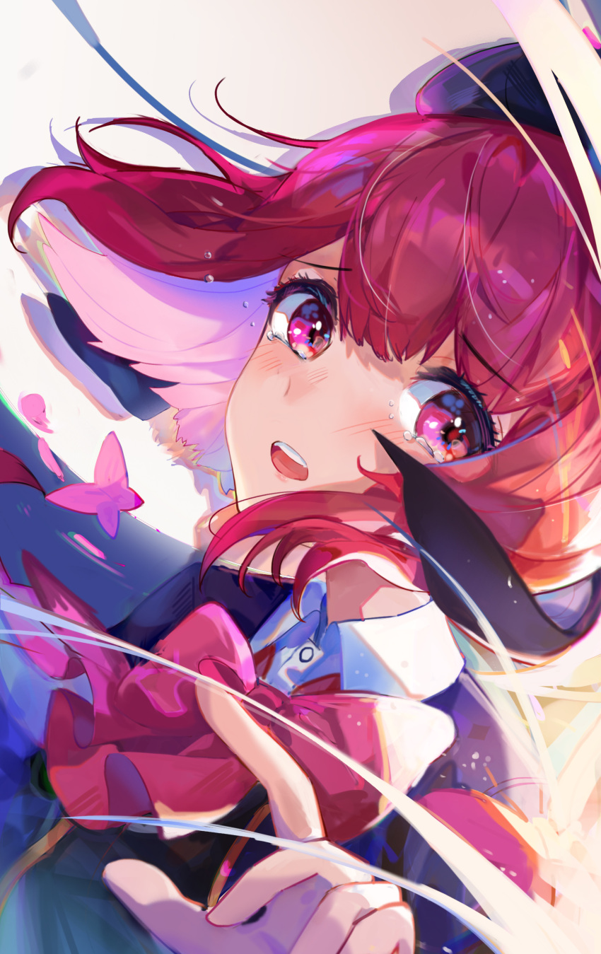 1girl, absurdres, arima_kana, beret, black_ribbon, black_vest, blue_headwear, blue_jacket