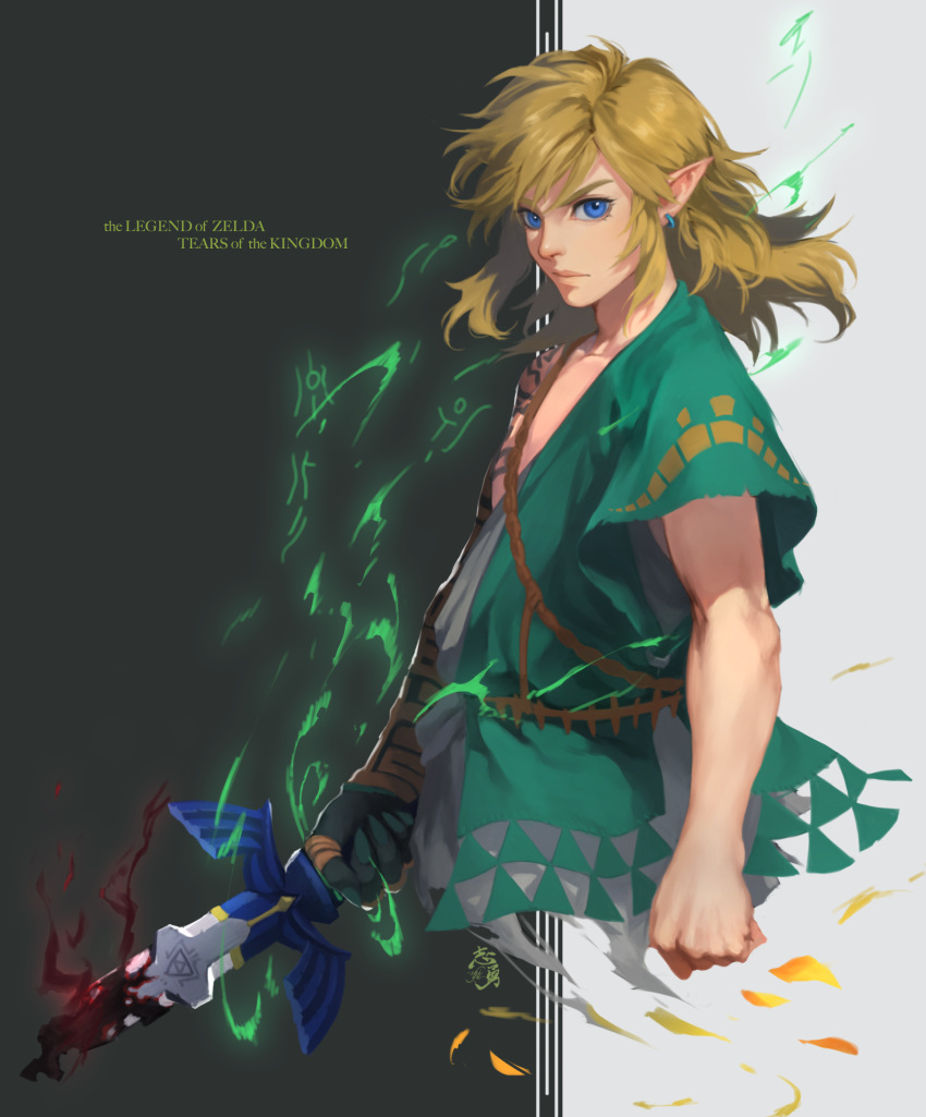 1boy, black_skin, blonde_hair, blue_eyes, broken, broken_sword, broken_weapon, clenched_hand