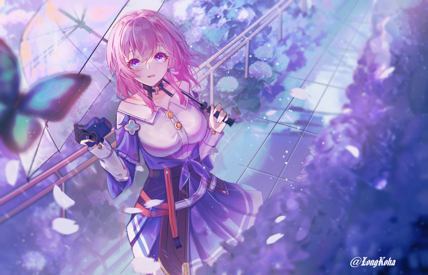 1girl, absurdres, artist_name, blue_eyes, blue_skirt, breasts, bug, butterfly