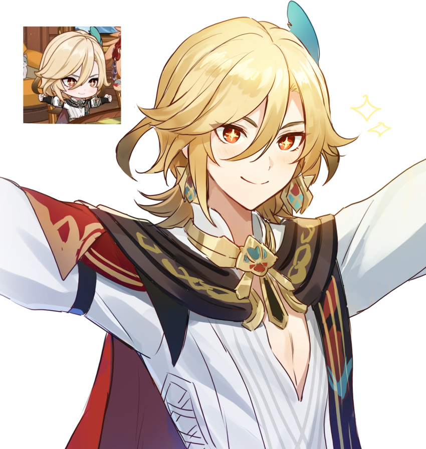 +_+, 1boy, arms_up, blonde_hair, blush, cape, chibi, closed_mouth