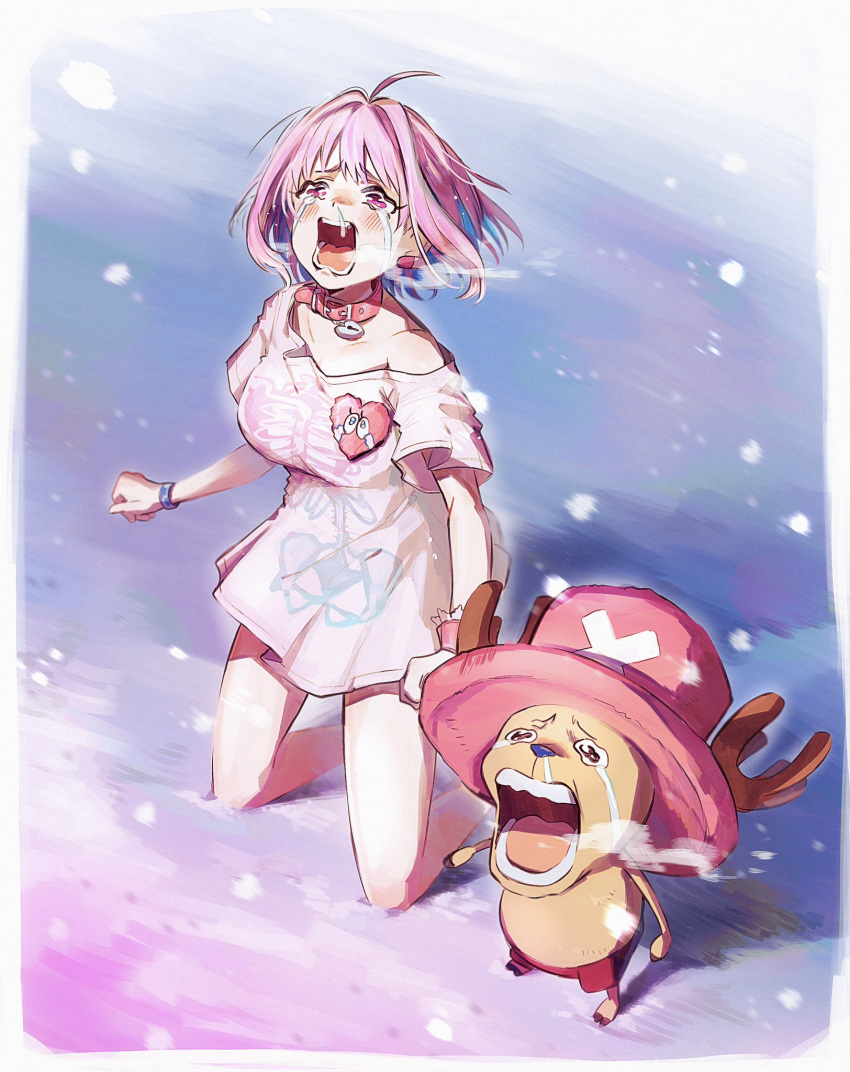 1girl, ahoge, blue_hair, blush_stickers, bob_cut, breasts, chopper_crying_(meme), collarbone