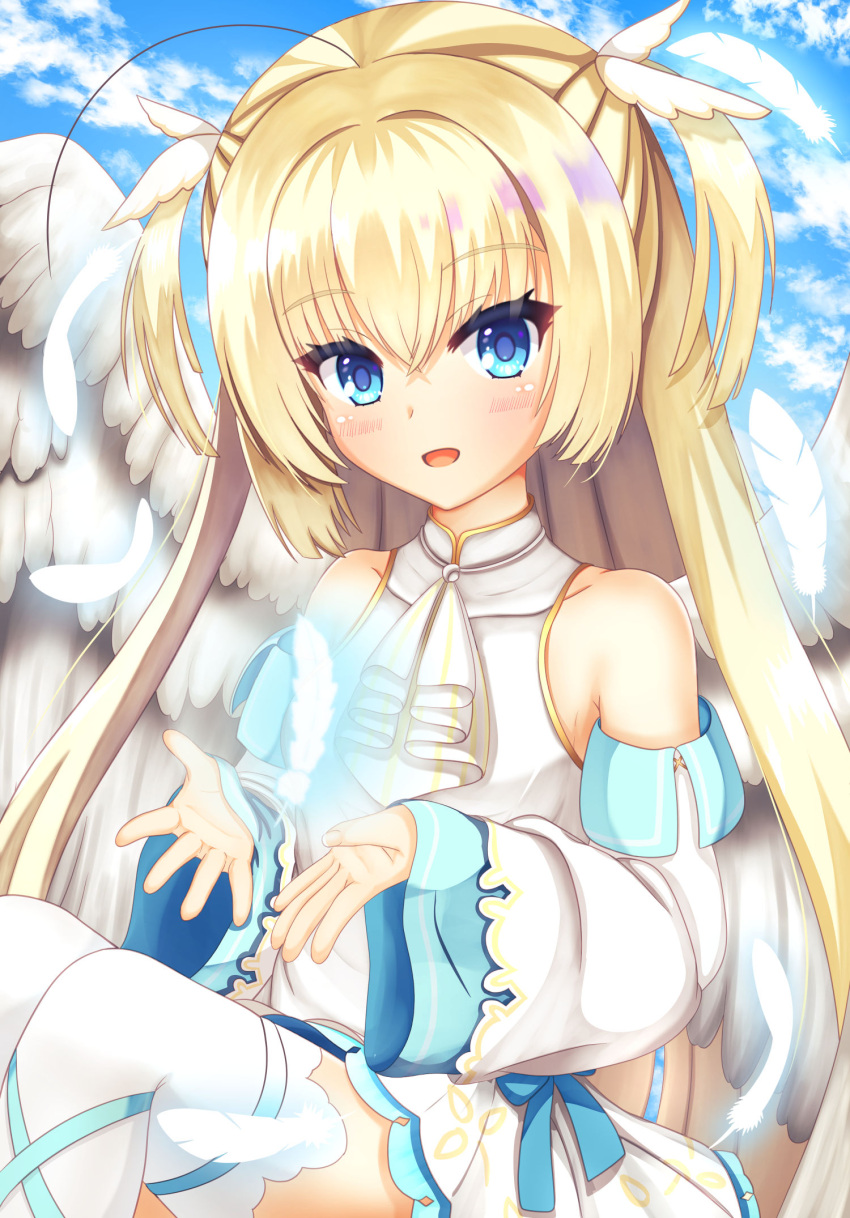 1girl, :d, angel, angel_wings, ascot, bare_shoulders, blonde_hair, blue_eyes