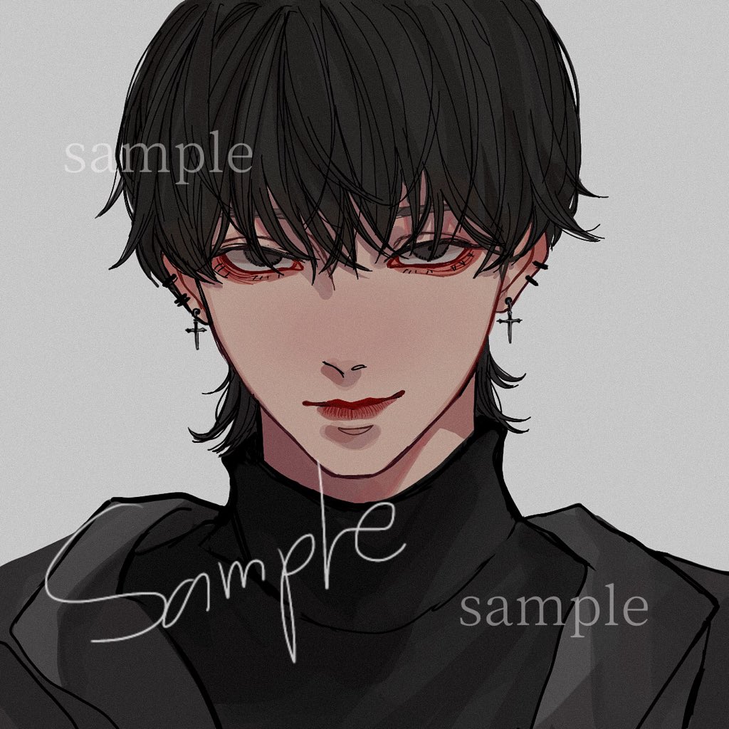 1boy, bishounen, black_eyes, black_hair, black_sweater, closed_mouth, commission, crooked_smile