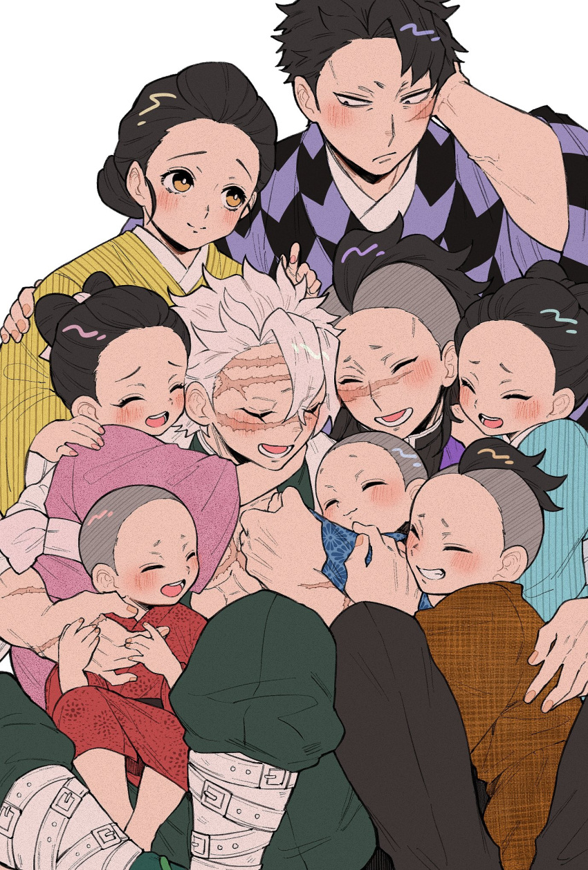 4girls, 6+boys, affectionate, alternate_universe, black_hair, black_pants, blush, bow-shaped_hair