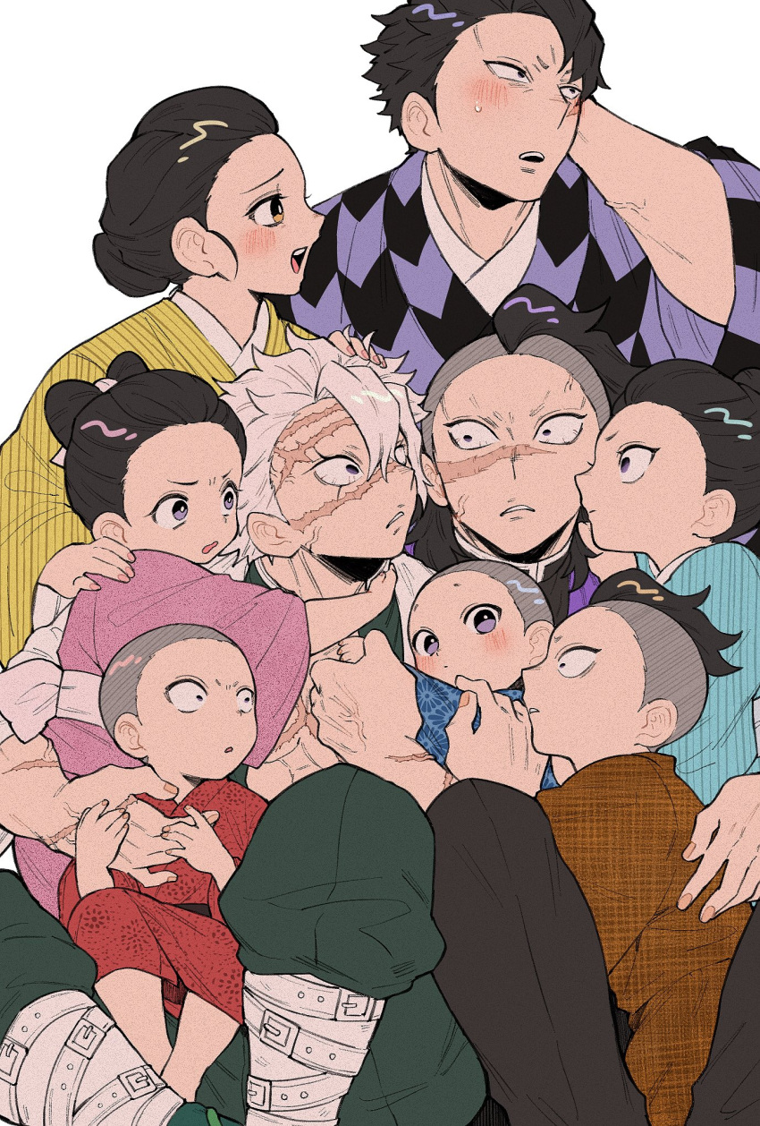 4girls, 6+boys, affectionate, alternate_universe, annoyed, black_hair, black_pants, blush