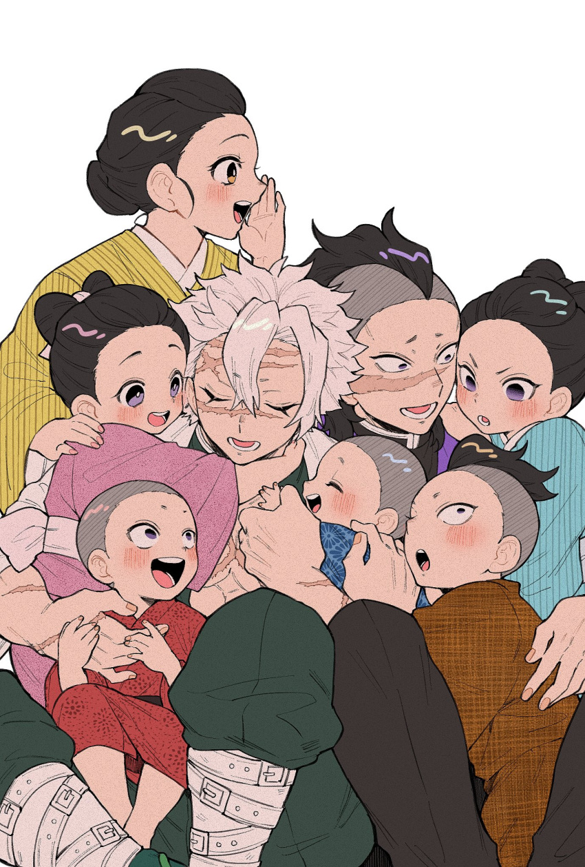 4girls, 5boys, :o, affectionate, black_hair, black_pants, bow-shaped_hair, brother_and_sister