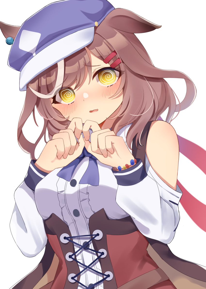 1girl, @_@, absurdres, animal_ears, breasts, brown_hair, clothing_cutout, commentary_request