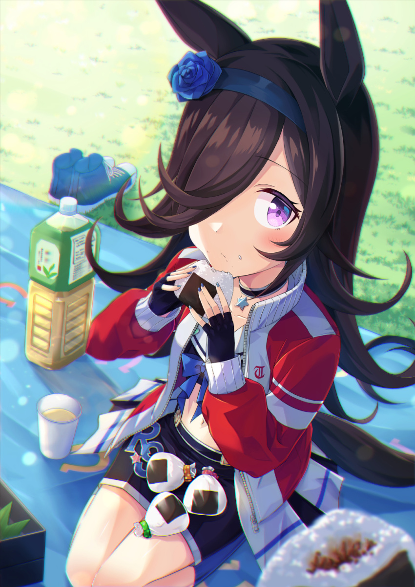 1girl, animal_ears, black_hair, blush, bottle, casual, cup, eating
