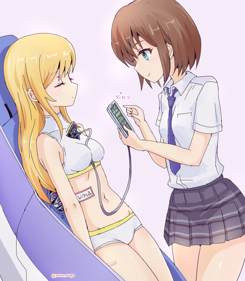 2girls, absurdres, android, barcode, blonde_hair, blue_eyes, breasts, brown_hair