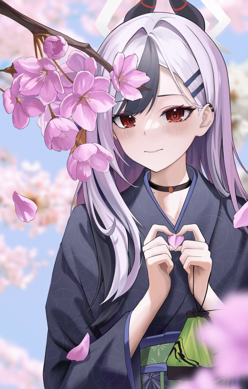 1girl, absurdres, bag, belt, black_choker, black_kimono, blue_archive, blue_sky