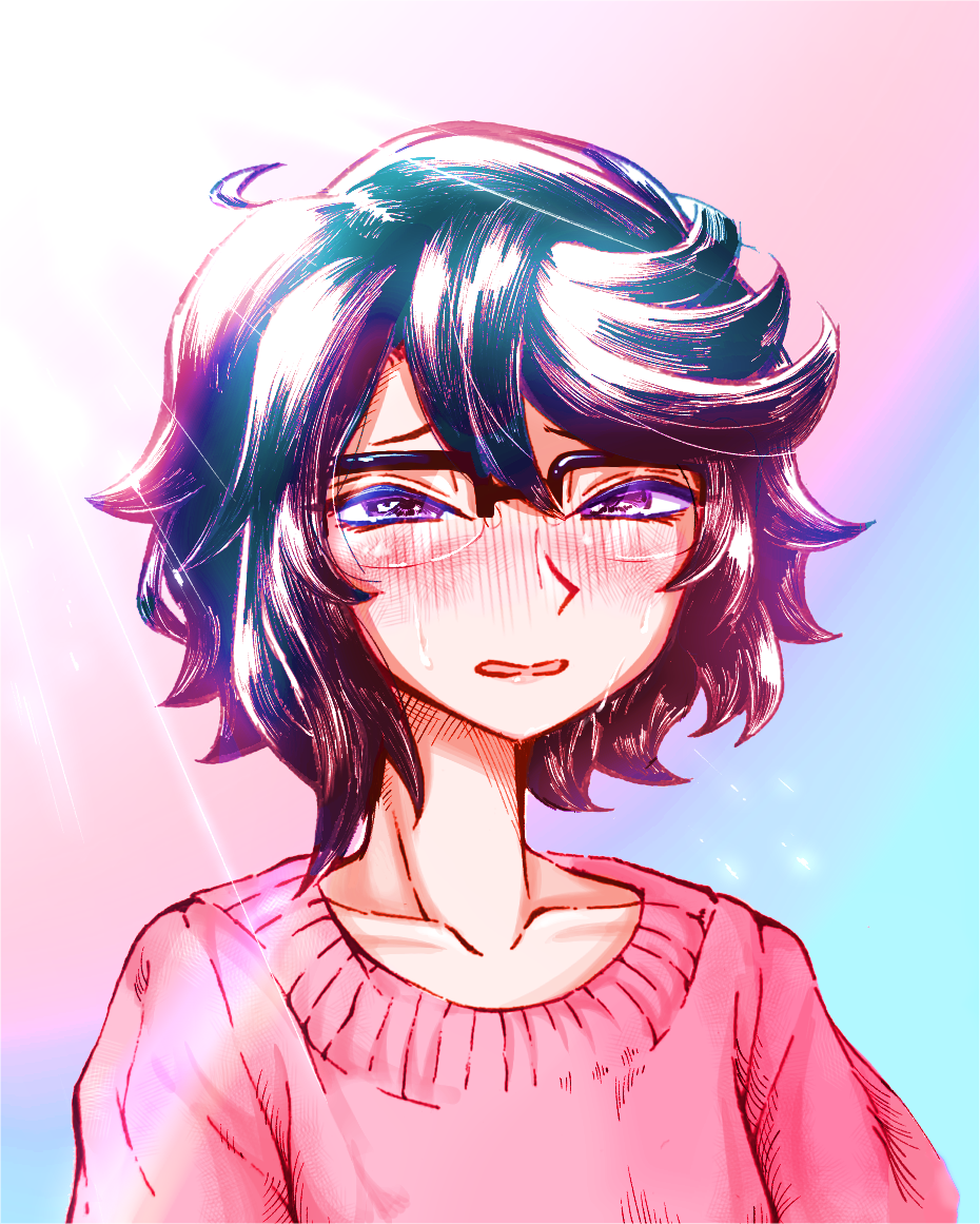 1girl, aygoftenover, black_hair, blush, collarbone, crying, glasses, half-closed_eyes, light, looking_at_viewer, momijiyama_teru, multicolored_background, open_mouth, pink_sweater, semi-rimless_eyewear, short_hair, shy_(series), solo, sweater, tears, upper_body
