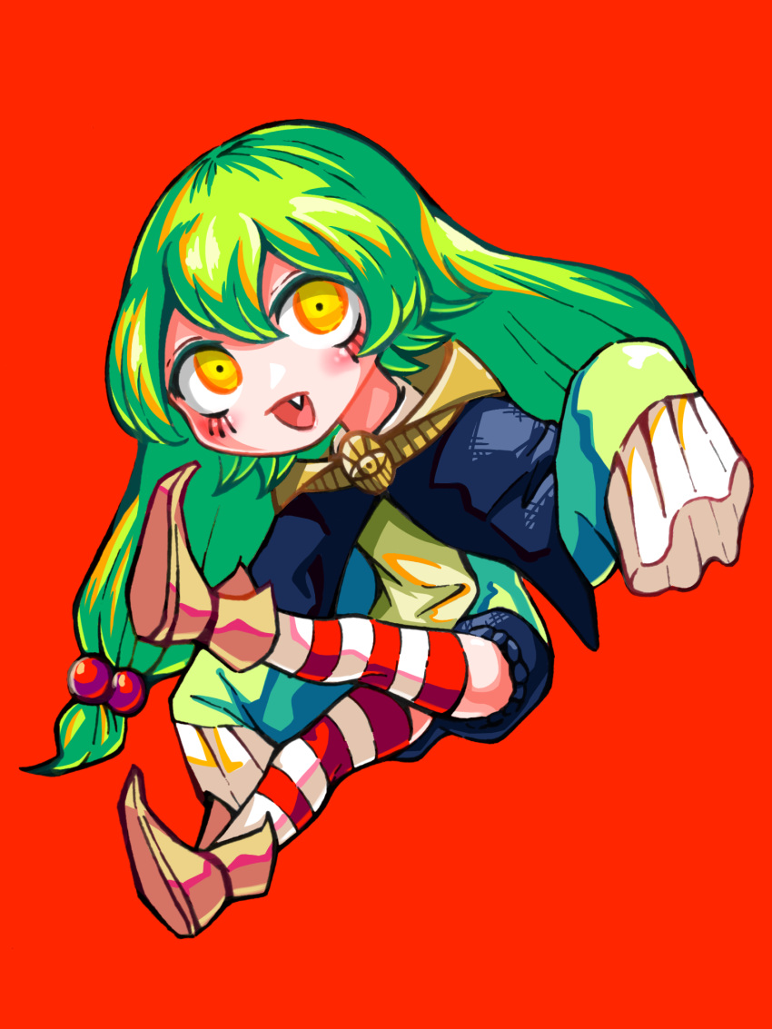 1girl, :d, aygoftenover, black_shorts, chibi, fang, green_hair, hair_between_eyes