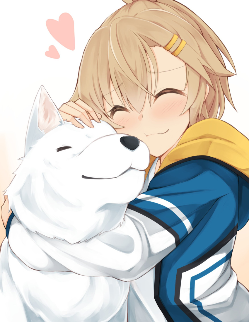 1girl, ^_^, animal, animal_ear_fluff, animal_hug, blue_jacket, blush, brown_background