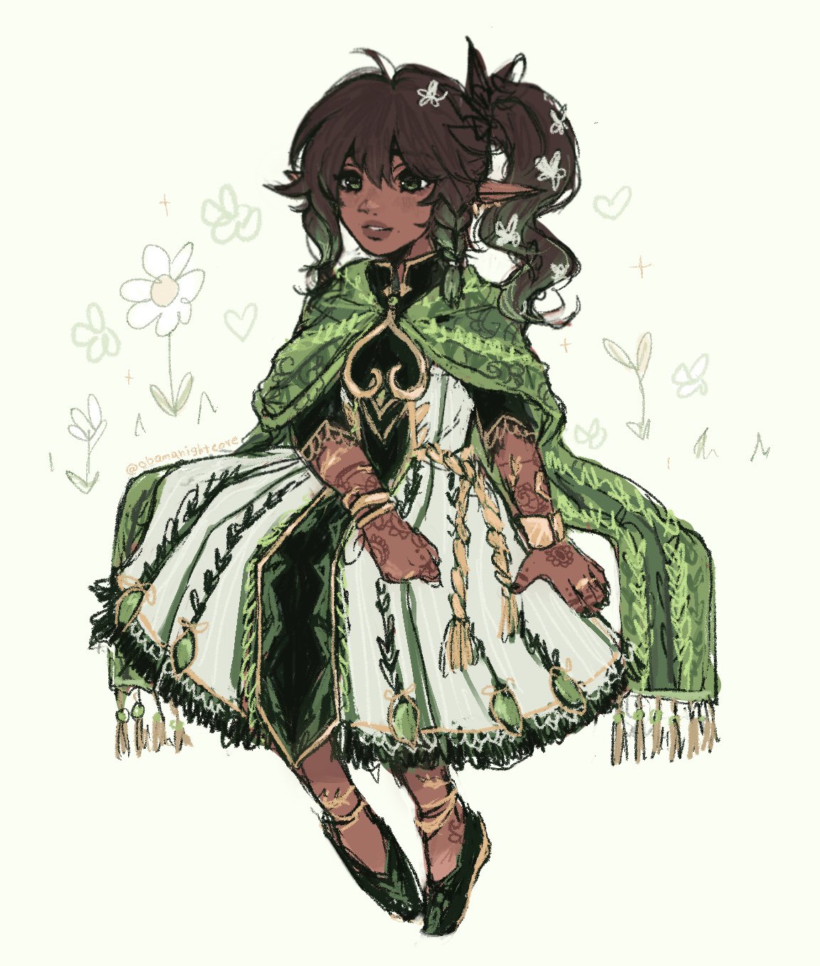 1girl, alternate_hair_color, alternate_skin_color, anklet, bracelet, braid, capelet, clenched_hand