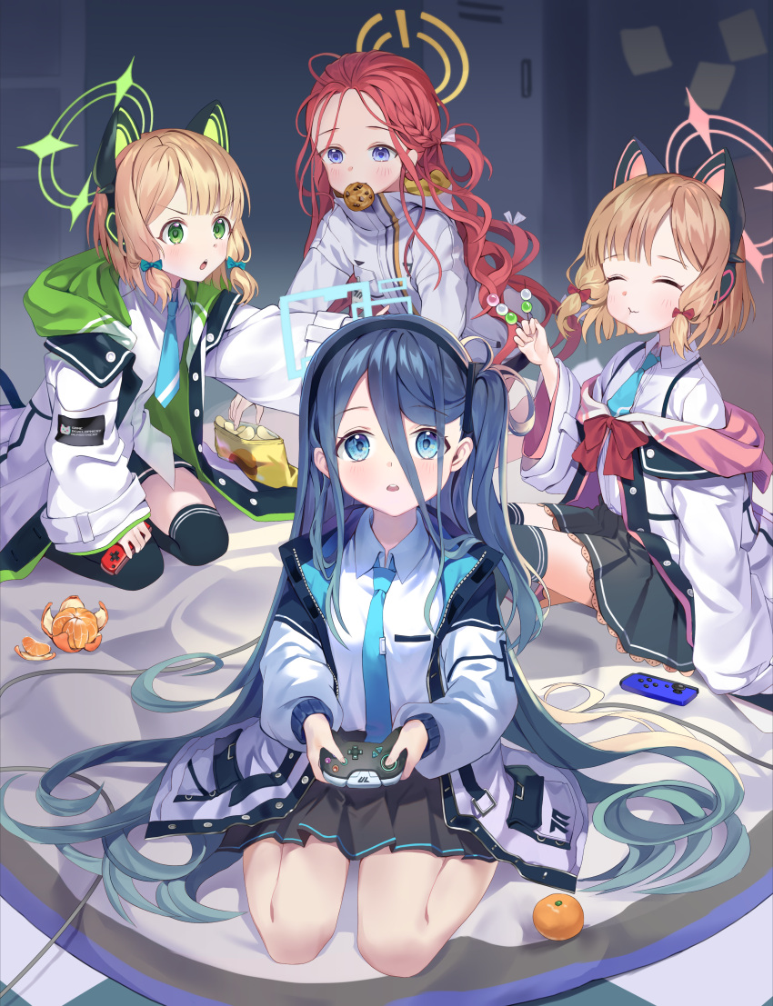 4girls, absurdres, animal_ear_headphones, animal_ears, aqua_bow, aris_(blue_archive), black_skirt, black_socks