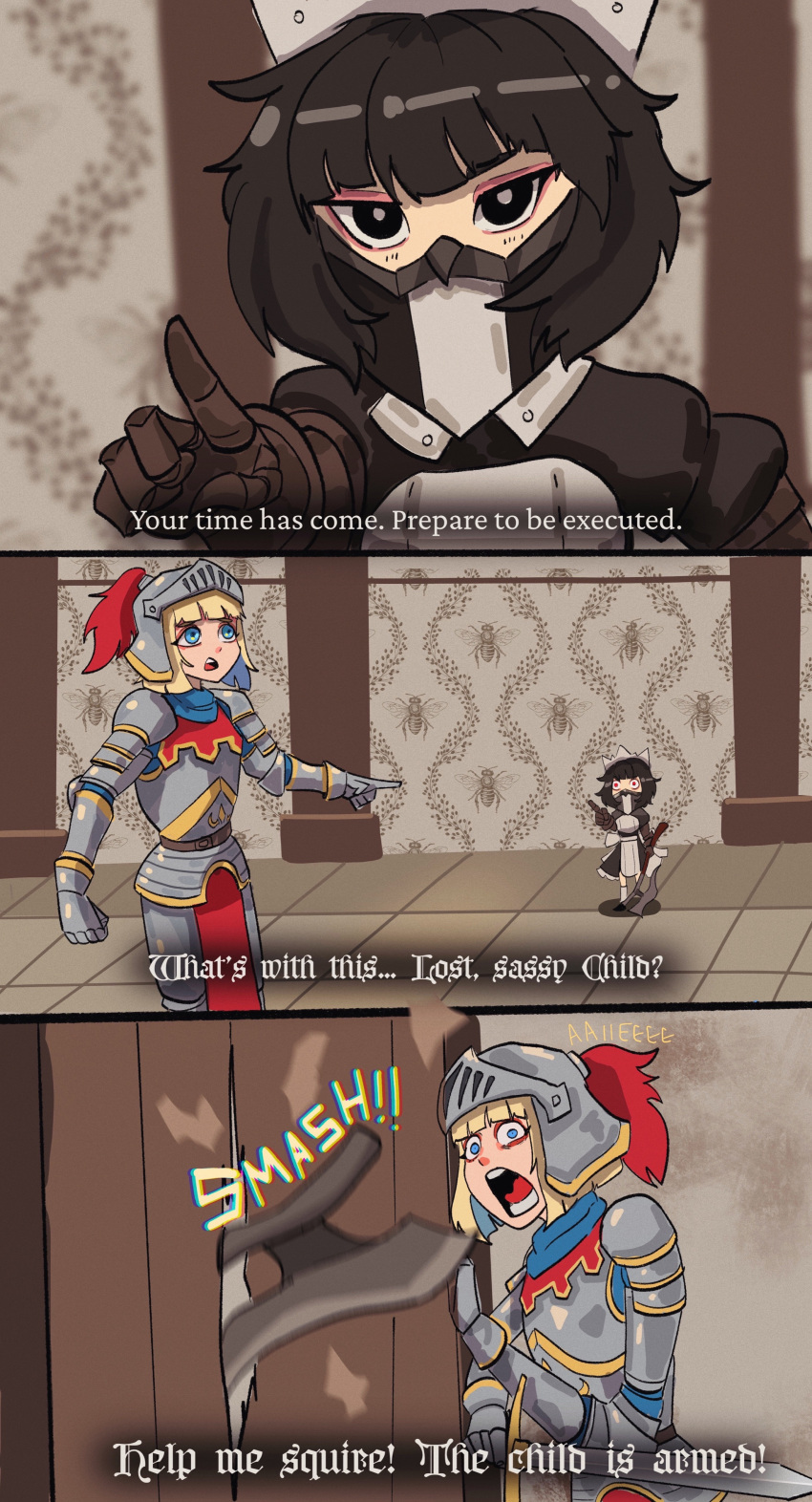 2girls, absurdres, armor, axe, basedbinkie, black_eyes, black_hair, blonde_hair, blue_eyes, blunt_bangs, borrowed_character, broken_door, cursive, english_commentary, english_text, executioner_maid_(centuriic), eyeshadow, helmet, here's_johnny!_(meme), highres, knight_(basedbinkie), makeup, mask, meme, mouth_mask, multiple_girls, one-punch_man, original, panicking, parody, plate_armor, plume, pointing, pointing_at_another, red_eyeshadow, sassy_lost_child_(meme), scared, scene_reference, screaming, subtitled, the_shining, wide-eyed
