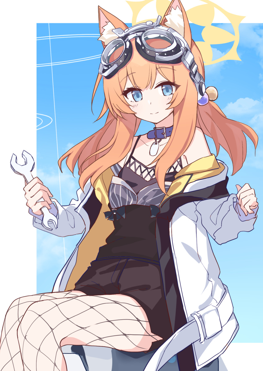1girl, animal_ears, bare_shoulders, belt_collar, black_camisole, black_shorts, blue_archive, blue_eyes