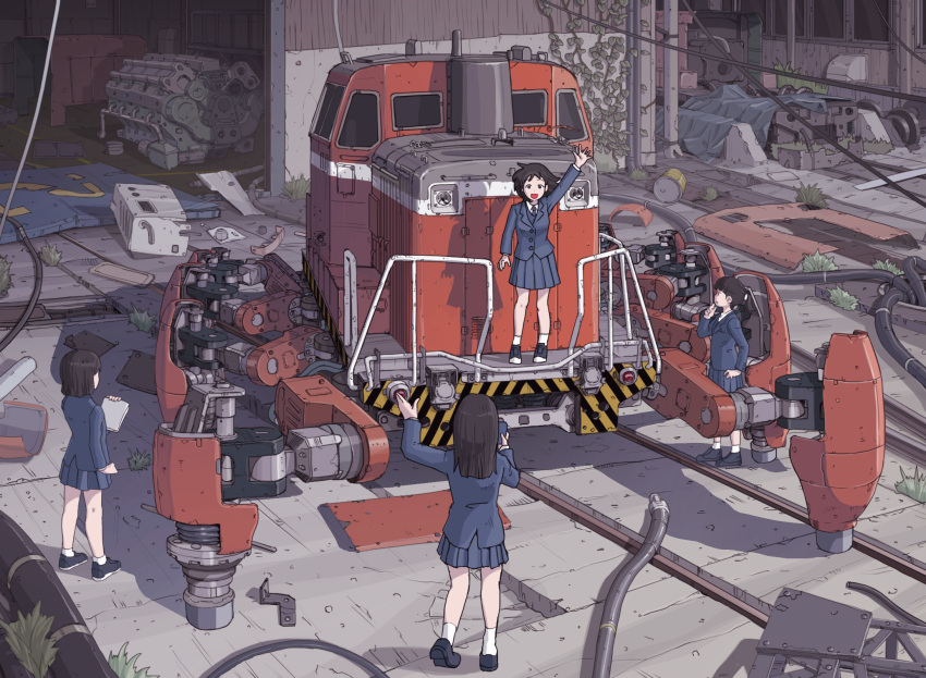 4girls, abandoned, arm_up, black_hair, blazer, blue_jacket, blue_necktie, blue_skirt