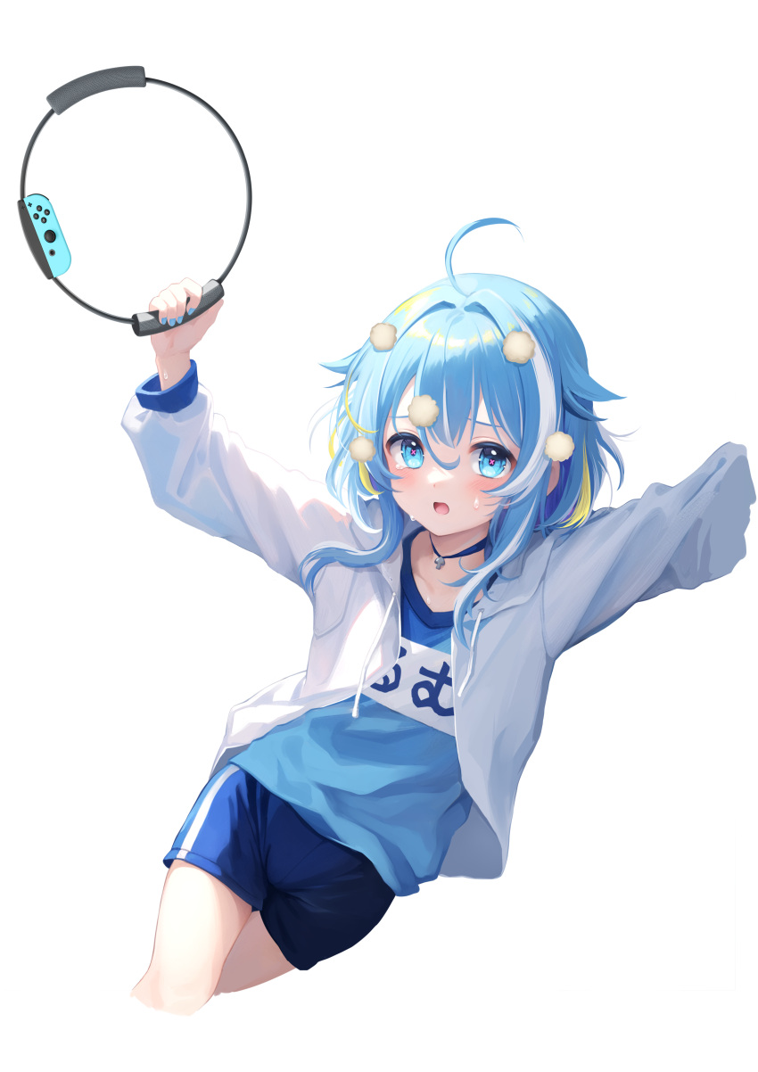 1girl, absurdres, ahoge, blue_eyes, blue_hair, blue_nails, blue_shirt, blue_shorts