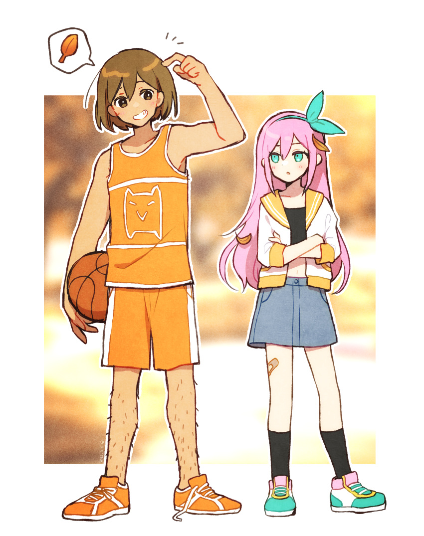 1boy, 1girl, absurdres, aubrey_(omori), ball, bandaid, bandaid_on_leg, basketball_(object)