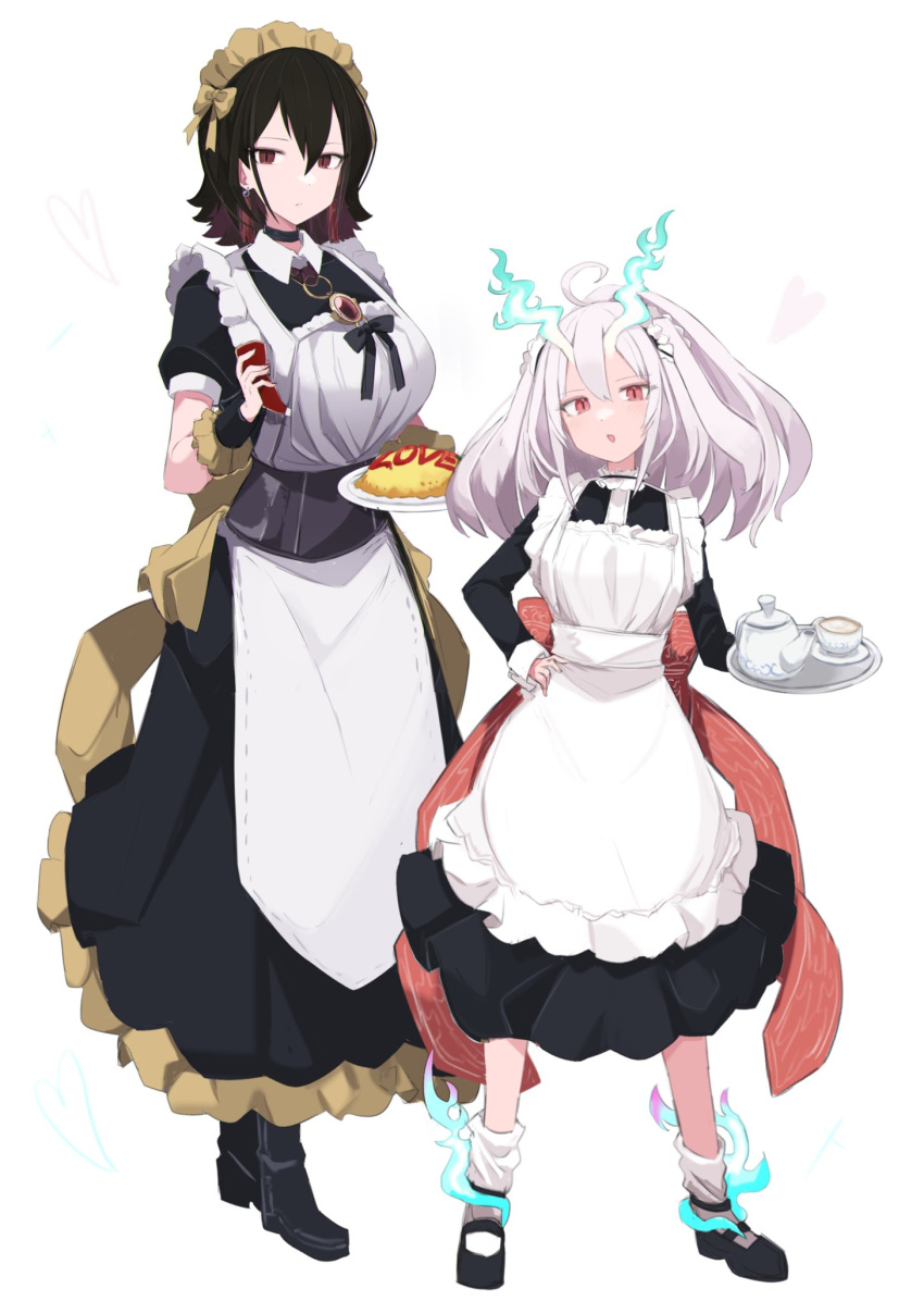 2girls, ahoge, black_footwear, black_hair, breasts, closed_mouth, duel_monster, earrings, food, hand_on_own_hip, highres, holding, holding_plate, jewelry, kurikara_divincarnate, large_breasts, long_hair, long_sleeves, looking_at_viewer, maid, maid_headdress, multicolored_hair, multiple_girls, omelet, omurice, parted_lips, plate, red_eyes, sakuragi_raia, short_hair, short_sleeves, socks, underworld_goddess_of_the_closed_world, white_hair, white_socks, yu-gi-oh!