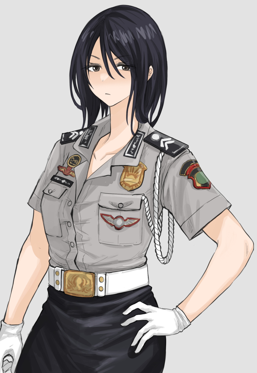 1girl, absurdres, belt, black_eyes, black_hair, black_skirt, closed_mouth, collarbone, commentary_request, fuku_(fuku12290574), gloves, grey_shirt, hand_on_own_hip, highres, indonesia, indonesian_national_police, looking_at_viewer, medium_hair, name_tag, original, police, police_badge, police_uniform, policewoman, shirt, skirt, solo, uniform, upper_body, v-shaped_eyebrows, white_background, white_belt, white_gloves